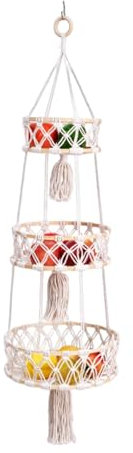 Canasta de frutas de MacRame, cesta de verduras para la cocina | Soporte de vegetales de 3 niveles Boho - Organizador tejido de algodón bohemio que ahorra espacio, decoración de perchas de plantas par