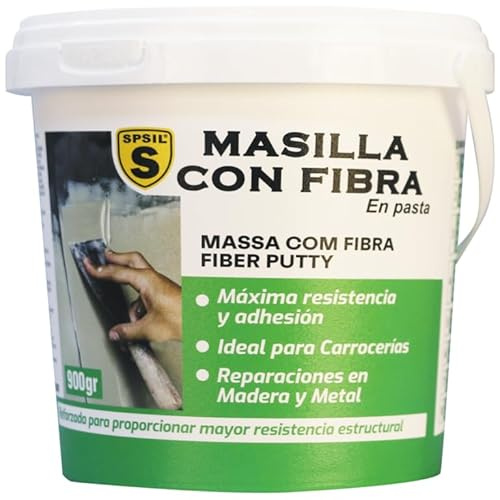 SPSIL Masilla Reparadora con Fibra de Vidrio - Para Grietas, Juntas y Abolladuras - Uso Interior/Exterior - Compatible con Yeso, Madera y Metal - Secado en 2h (Blanco) (900 gr)