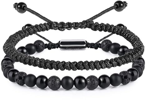 RIXERKOC Schwarze Obsidian Armbänder für Herren 6mm Tigerauge Onyx Lavastein Perlen Armband Set, Verstellbare Handgemachte Naturstein Armbänder Jahrestag Vatertagsgeschenk