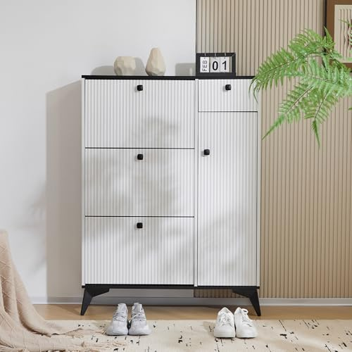 Skoskåp med 3 flikar, 1 låda, 1 dörrskohylla, 121 x 90 x 25 cm för vardagsrum, sovrum, hall, entré, skoförvaring, smal skänk, underskåp, vitt