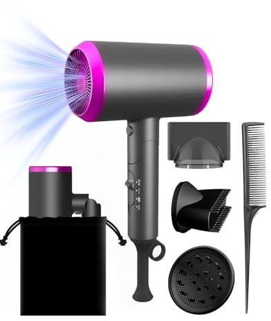 Sèche Cheveux de Voyage Pliant 2000W, Sèche-Cheveux Ionique Professionnel avec 3 Températures & 2 Vitesses, Diffuseur, Concentrateur Rond & Plat, Thermo Protect pour Maison Voyage Salons de Coiffure