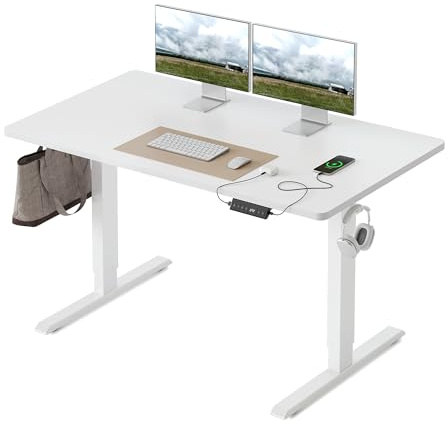 FEZIBO Bureau réglable en Hauteur, Plateau Monobloc, 120 x 60 cm, Bureau Assis Debout avec Ports de Charge USB-A et USB-C, Standing Desk, Blanc