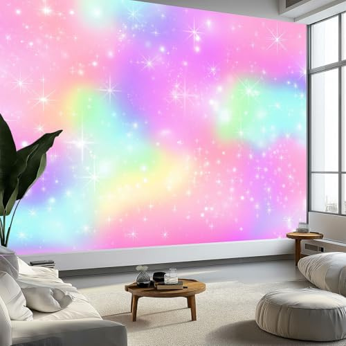 Générique Arc En Ciel Holographique Dessin Animé Papier Peint Panoramique 350 x 256 cm Papier Peint Photo Intissé Murale, pour Salon et Chambre Cuisine Rose Poster Tableaux Fresque Muraux