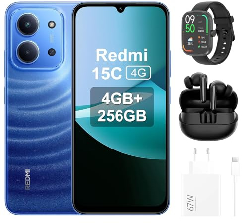 XIAOMI Redmi 15C - Smartphone de 4 + 256 GB, Color Moonlight Blue, Pantalla de 6,9 120Hz, cámara de 50MP, 6000mAh, Incluye Cargador de 67 W+Reloj Inteligente+Auriculares inalámbricos