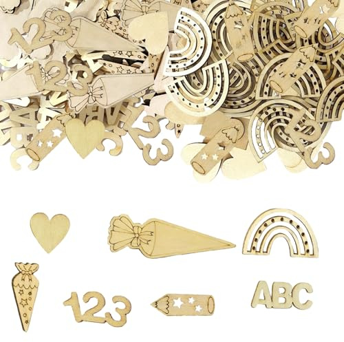 CHAOTEMAI 180 Teile Streudeko Einschulung Deko Holz Tischdeko Einschulung ABC 123 Regenbogen Herz Bleistift Schulanfang Deko Jungen Mädchen für Dekoration Unterricht Malen Eltern-Kind-Interaktion