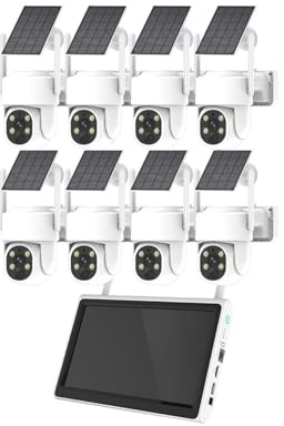 AKAVIG Système de caméra de sécurité 8 canaux à énergie solaire 4 MP avec moniteur LCD NVR et 8 caméras, kit de caméras de surveillance solaires sans fil WiFi avec détection de mouvement