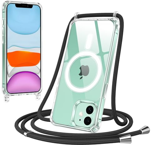 Jrkvniv Magnétique Coque pour iPhone 11 avec Cordon, Compatible avec MagSafe Transparent Réglable Lanyard Necklace Case, Ultra Mince Souple Silicone TPU Antichoc Housse pour iPhone 11, Noir