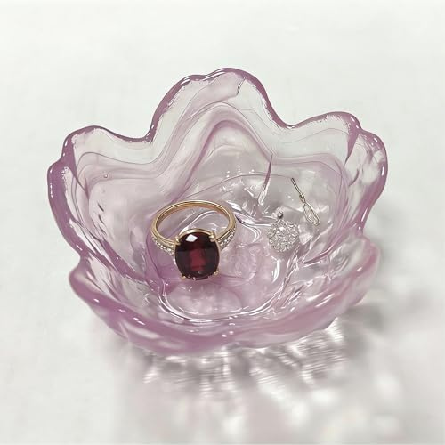 BESSKON Purple Flower Glass Ring Dish, Jewellery Tray, Small Trinket Dish, Floral Decorative, 8.5cm, Birthday Gifts for Women (Pink)