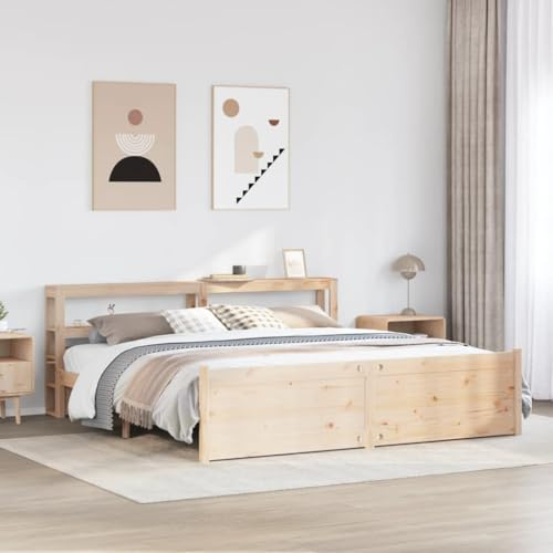 LoogCape Massives Kiefernholz Bettgestell 180x200 cm mit Kopfteil, Fußteil, Ablagen, robusten Latten, naturfarbenes Holzbett für Schlafzimmer, ohne Matratze, stabil & langlebig