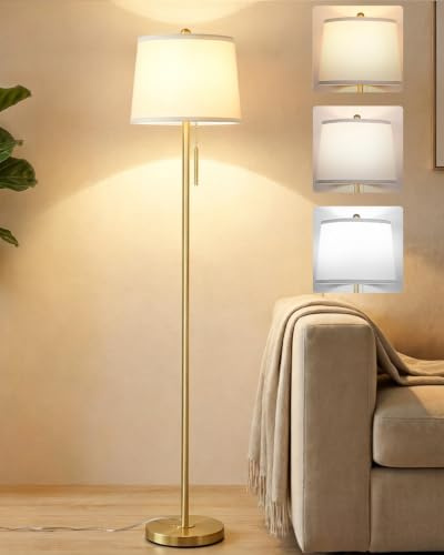 JUNNAI Stehlampe Wohnzimmer Modern, mit Lampenschirm, Gold Standleuchte | mit 9W E27 Birne, 3 Farbtemperatu, Reißverschluss‑Schalter, 160CM Stehleuchte Standleuchte für Wohnzimmer Schlafzimmer Büro