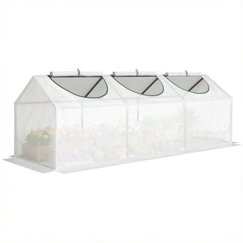 Outsunny Mini-Gewächshaus 3 Fenster 180x60x60 cm Weiß | Mit Reißverschluss und aufrollbar, Kunststoffabdeckung, Stahlrahmen
