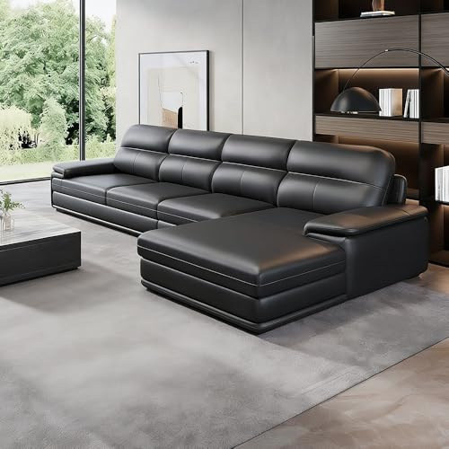 Italiensk lyxig enkel L-formad svart lädersoffa, massiv träram, rymlig och mjuk soffa, modern stor storlek, lämplig för vardagsrum/kontor/lägenhet.