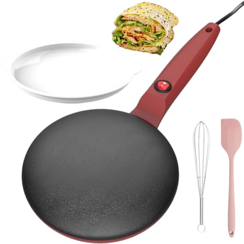 Crepiera Elettrica Istantanea 8, Riscaldamento Rapido, Padella per Pancake Completamente Automatica, Padella Antiaderente per Crepes con Piatto da Immersione e Frusta per Uova, Controllo Automat red