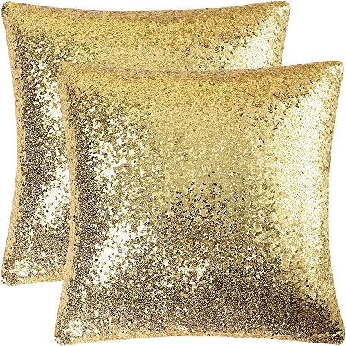 PiccoCasa Paquete de 2 Fundas de cojín con Lentejuelas Brillantes, Fundas de Almohada de satén Brillante de 45 x 45 cm, para decoración de Navidad, Boda, Fiesta, Color Dorado con Cremallera