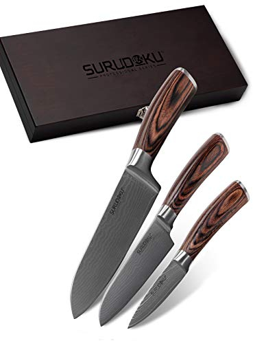 Surudoku Juego de 3 cuchillos de cocina Santoku con elegante mango de madera y núcleo VG10, 67 capas de acero de damasco en una práctica caja de almacenamiento.