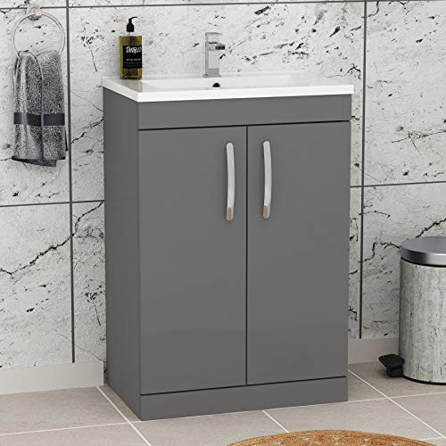 Royal Bathrooms Turin Indigo Grey Gloss Floor Standing 2 Doors Vanity Cabinet Unit and Minimalist Sink Basin - 600mm