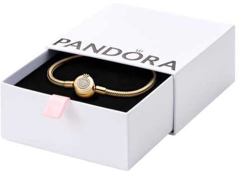 PANDORA Funkelndes Crown O Schlangen-Gliederarmband in Gold mit 18 Karat vergoldete Metalllegierung und Cubic Zirkonia Steinen Signature Collection, 17cm