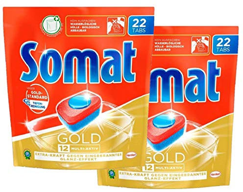 Somat 12 Gold Multi Aktiv, Spülmaschinentabs, Jahresvorrat, 44 (2 x 22) Tabs, Extra-Kraft gegen Eingebranntes und Glanz-Effekt