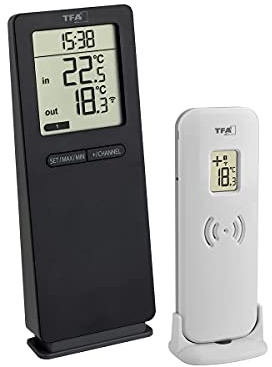 TFA Dostmann digital termometer Logoneo, 30.3071.01, för inomhus/utomhusbruk, med utomhussändare, valfritt utbyggbar till 3 sändare, inkl. klocka, svart