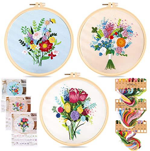 Anfänger Stickerei Set , 3 Stuck Stickerei Kreuzstich Set, Blumenmuster Pflanzen Kreuzstich-kit, Runde Einstellbare Stickerei Tool Kit, Anfänger Stickerei Starter Set Mit Mustern Und Anweisungen