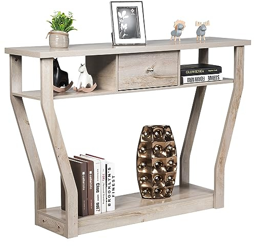 COSTWAY Tavolo Consolle in Legno, Consolle con Cassetto e Ripiani, Tavolo d'Ingresso Multiuso per Salotto, Corridoio e Entrata 120 x 30 x 81 cm (Grigio)