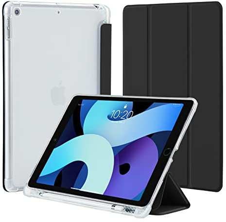 4UBonLife Custodia per iPad 9a/8a/7a Generazione 10,2 Pollici 2021/2020/2019 con portapenne, Sottile Leggero Cover Case Retro Traslucido in Morbido TPU Auto Svegliati/Sonno, Nero