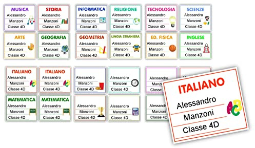 Agendepoint.it - Etichette Adesive Scuola Colorate Personalizzate 70x66 Mm Con Materie Scolastiche 40 Etichette Per Libri Quaderni