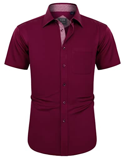 J.VER Men's Red Dress Shirt Short Sleeve Regular Fit Casual Stretch Non Iron Formal Shirt Button Down Wedding Business Work Office M