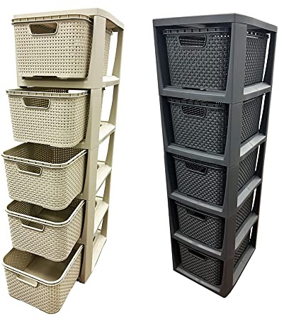 Grey Cream Large Spacious Rattan 5 Drawer | Home Office Storage Modular Plastic Tower Unit