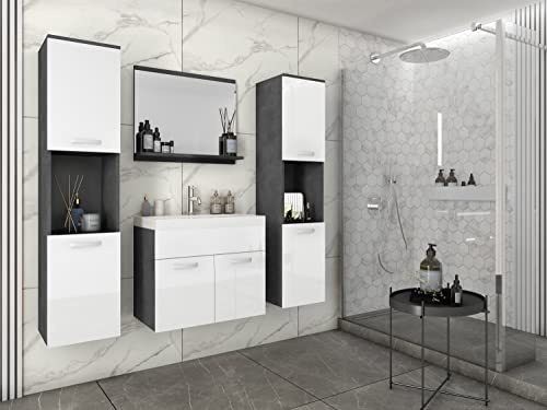 MINIO go for it - Badmöbel 4-Teilig Set Monal, Spiegel mit Regal | Schrank mit Waschbecken Laminierte Spannplatte Griffe aus Metall Matera Weiß Hochglanz