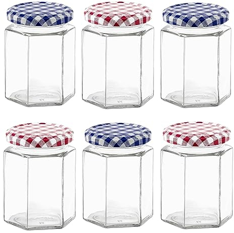 Eidoct Glass Jam Jars Set of 6, 280ml / 9oz Hexagonal Storage Glass Jars with Screw Top Red and Blue Gingham Lids, Clear Airtight Preserving Glass Jars for Marmalade, Chutney, Jam, Pickle