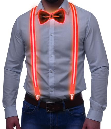Tulov 2 Stück Set Leuchtende Herren LED Hosenträger und Fliege, Verstellbare LED Leucht Hosenträger für Musikfestival Halloween Party Weihnachten