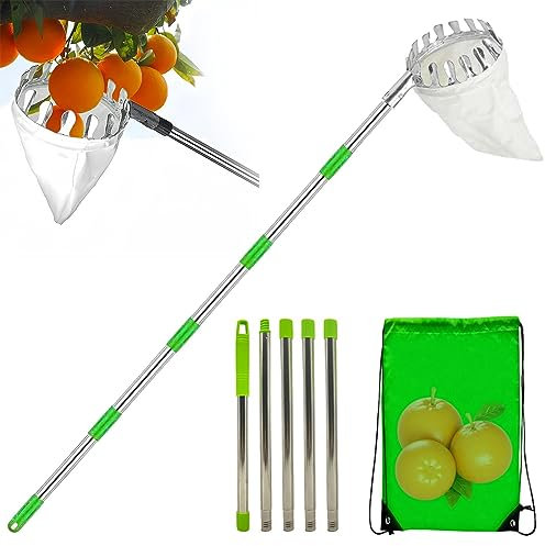 DMAIS Fruit Gatherer, Stainless Steel Fruit Collector, Fruit Picker with Telescopic Handle, Adjustable Fruit Picker Head Basket with Cotton Bag, Garden Fruit Gatherer for Garden, Orchard
