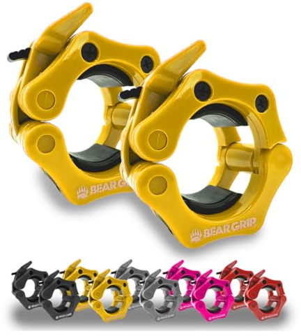 BEAR GRIP Barbell Clamps Collars - Pair of Quick Release Weight Barbell Clips for Weight Lifting, Crossfit, Strength Training Barbells (Yellow, 2 Inch / 50mm)