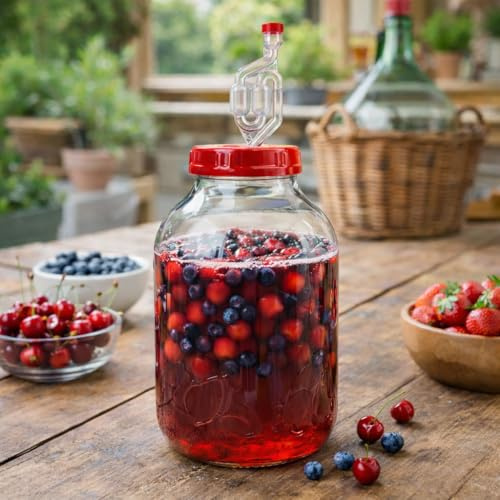 MIKONI 5l Gärglas Einmachglas Gurkenglas Vorratsgläser Behälter Fermentier Fermentierglas Gärballon Glasballon Gurkenglas Vorratsglas Gärbehälter Einkochglas (ROT mit Gärrohr)