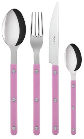 Sabre Paris | Ensemble de couverts de table 4 pièces 24cm Bistrot, couleur Rose et finition brillante. Comprend couteau, fourchette, cuillère à soupe et petite cuillère en Acier Inoxydable.