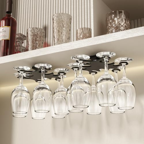 Vaisoeny Wine Glass Holder, 2 Pack Rotating Wine Glass Rack Under Cabinet | 360° Rotating Wine Glass Rack Makes Glasses Easier to Hang and Remove, Each Rack Holds Up to 6 Glasses for Easy Reach (Black)