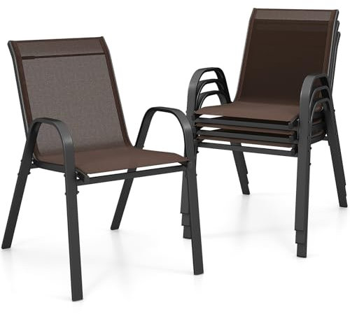 GIANTEX Juego de 4 Sillas de Exterior, Silla de Comedor Apilables con Marco de Acero con Reposabrazos y Respaldo, 56 x 70 x 84 cm, Sillas Ergonómicas para Piscina, Terraza, Jardín (Marrón)