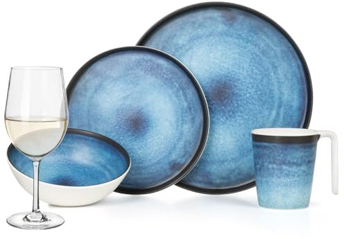 Melamin Campingservis set för 4 personer Deep Ocean + 4 timo vitt vinglas servis picknick BBQ köksredskap