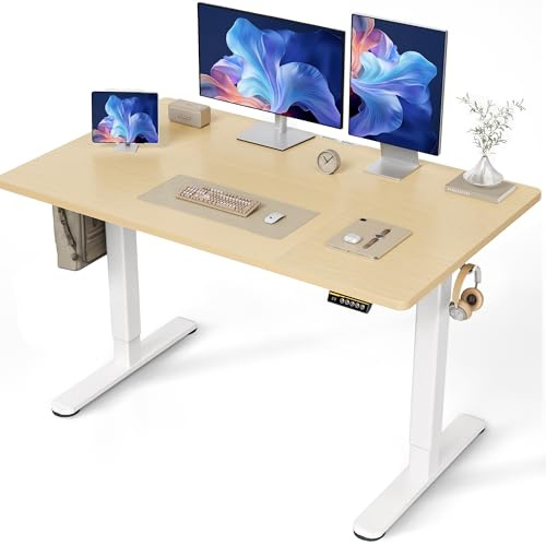 Claiks Höhenverstellbarer Schreibtisch 140 x 70 cm (FSC®), 80KG Tragkraft Schreibtisch Höhenverstellbar mit 2 Haken und 3 Memory-Funktion, Standing Desk mit Leiser Motor für Home Office, Beige