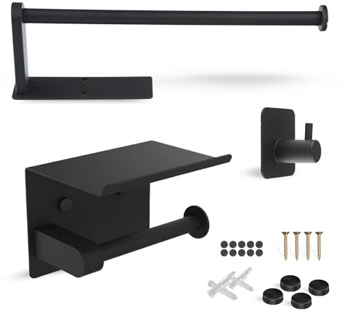 Conjunto Accesorios de Baño Adhesivos y Tornillos, Portarrollos con Estante Negro Mate, Toallero de Baño sin Taladro Negro y Gancho, Acero Inoxidable, Agujeros Invisibles, Diseño Moderno y Elegante