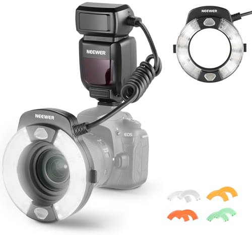 NEEWER RF1-C Marco Aro Flash Compatible con Canon, 76Ws GN15 5600K E-TTL Aro Flash Iluminación, Salida 1-1/128, Cortina Delantera/Trasera Sync, Geles de Color, Aros Adaptadores Lente para Foto Macro