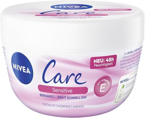 NIVEA Creme Care Sensitive, Gesicht- und Körperpflege für 48h intensive Feuchtigkeit, nicht fettende Feuchtigkeitscreme für sensible und trockene Haut (200 ml)