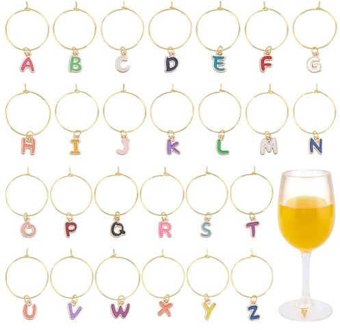 FREEBLOSS 26 Pcs Alphabet Wine Glass Charms Set Letters Wine Glass Charms Wine Glass Markers Drink Markers Wine Charm Rings Markers Tags Stem Glass Identifiers Wine Themed Party Decorations