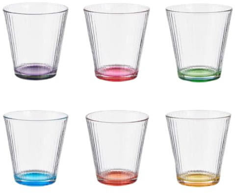 TRESV Set de 6 Vasos de cristal agua de Colores, Vasos de Cristal de 310ml Multicolor y Transparentes