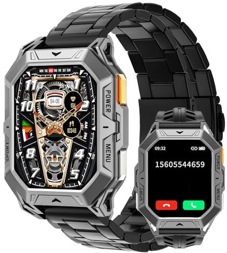 findtime Orologio da uomo con Bussola Sport Millitaire Braccialetto senza Fili Chiamata Chiara smartwatch Impermeabile Orologio Intelligente con Chiamata Bluetooth 1ATM, Nero , Acier