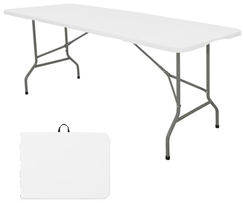 Folding Table 6 FT Lightweight Camping Table Portable Plastic Rectangular Outdoor Dining Table Steel Legs Fold-in-Half with Carrying Handle for Indoor,Picnic,Party,Wedding,Events(White)
