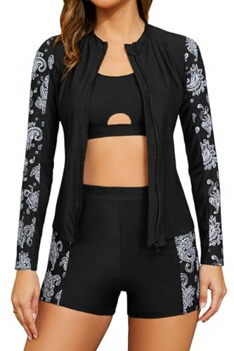 SHEKINI Women's 3 Piece Rash Guard Sets Long Sleeve | Zip Up, UV Sun Protection Swimwear, Slim Fit Beach Surfing Swimsuits, Swim Shirt with High-waisted Boyshorts, Removable Pads
