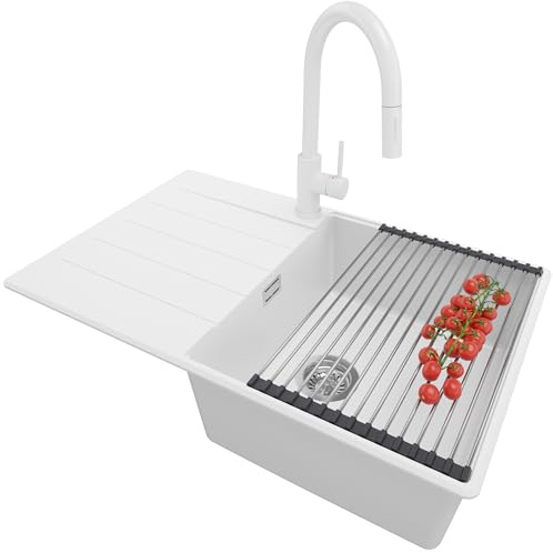 PRIMAGRAN Fregadero Granito Blanco 78x50cm, Cocina 1 Seno + Grifo 40x20cm + Sifón + Enrollable Escurridor, Sobre Encimera al Mueble 50cm - Copenhague Top S516