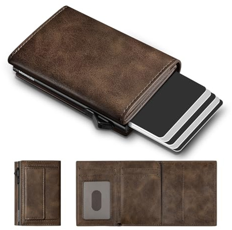 Geldbörse Herren Slim mit Grand Münzfach, Portmonee Herren Slim Wallet mit RFID, Pop-up Kartenetui für 10 Karten,1 ID Fenter & 15+ Banknote, Wallets for Men (Khaki, L Münzfach)